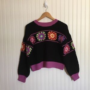 Forever 21 women's granny square crochet sweater black purple size S EUC